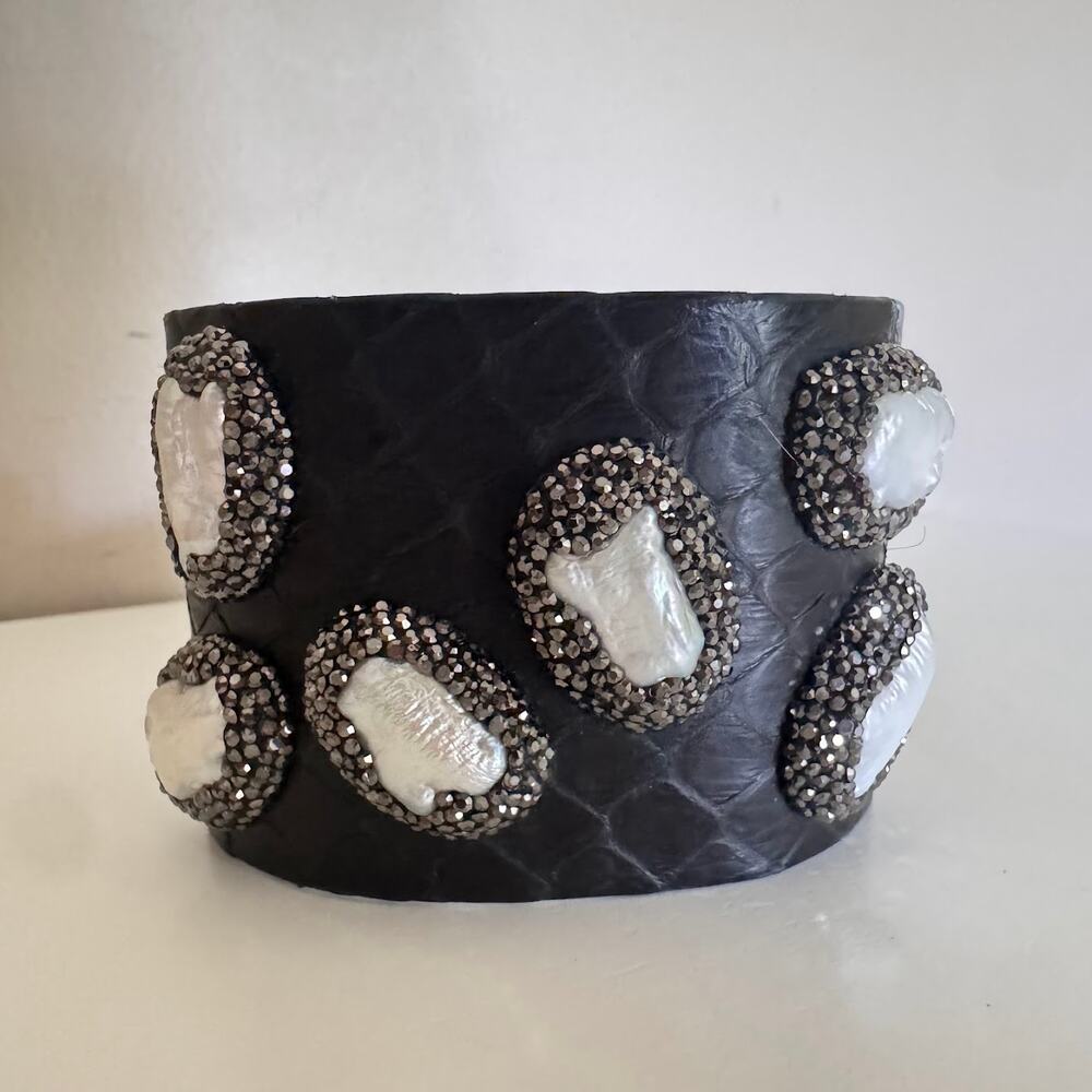 Black Leather Wide Cuff Bracelet With Pearls Statement Jewelry - Picture 2 of 5